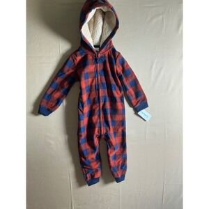 Carters Baby Boys Red Blue Buffalo Plaid Fleece Hooded Jumpsuit 24M 1M720010